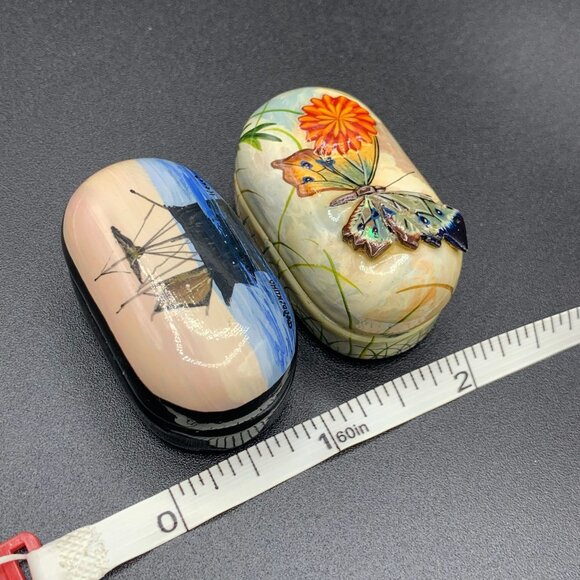 Russian Lacquer Pill Boxes Set Butterfly Boat Pill Shape Miniature Trinket Boxes - Picture 9 of 10